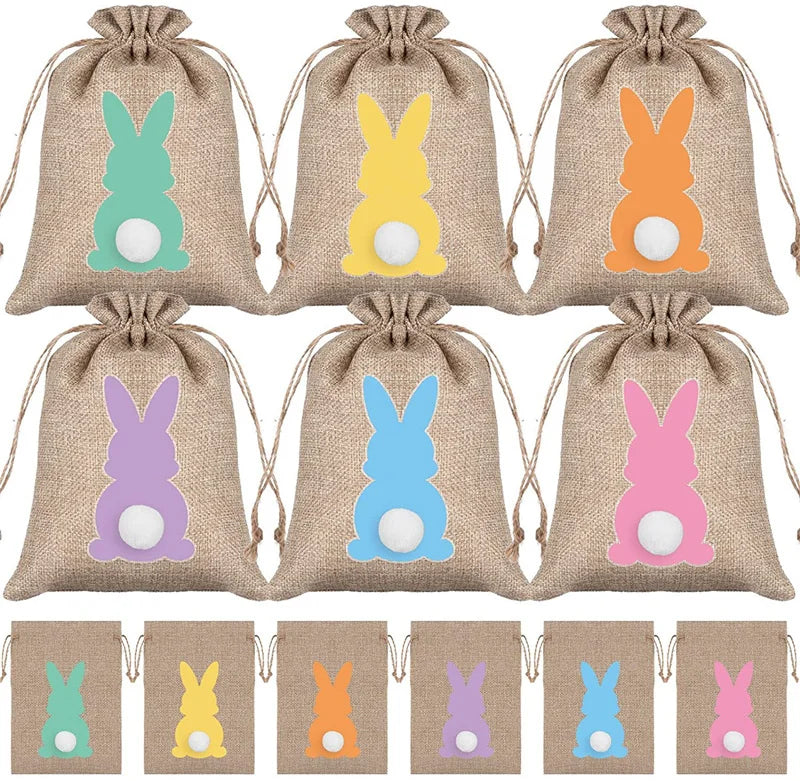 Easter Drawstring Bags, Bunny Print Burlap Bags for Baby Shower Wedding Party