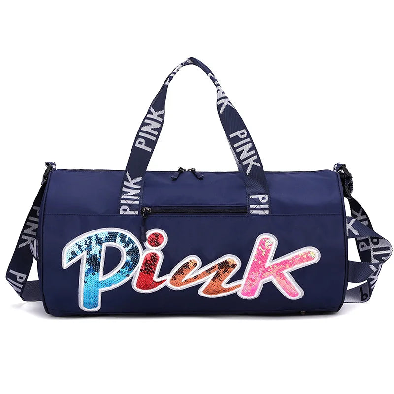 Echoine Laser Sequin PINK Letter Print Woman Casual Travel Sports Gym Bag