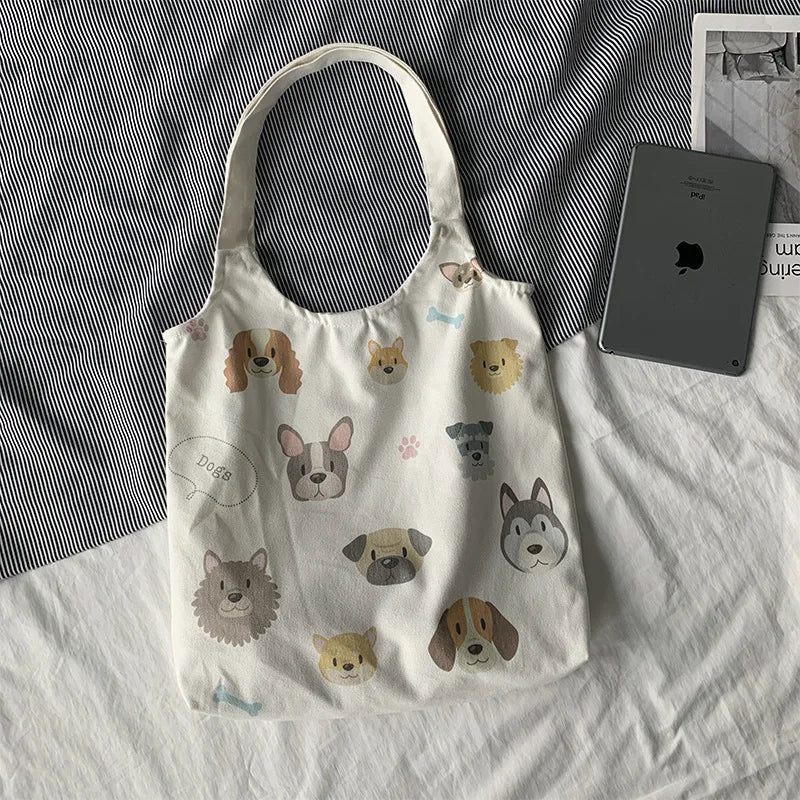 Dog Cartoon Canvas Tote Bag Eco-Friendly Woman Shoulder Bag
