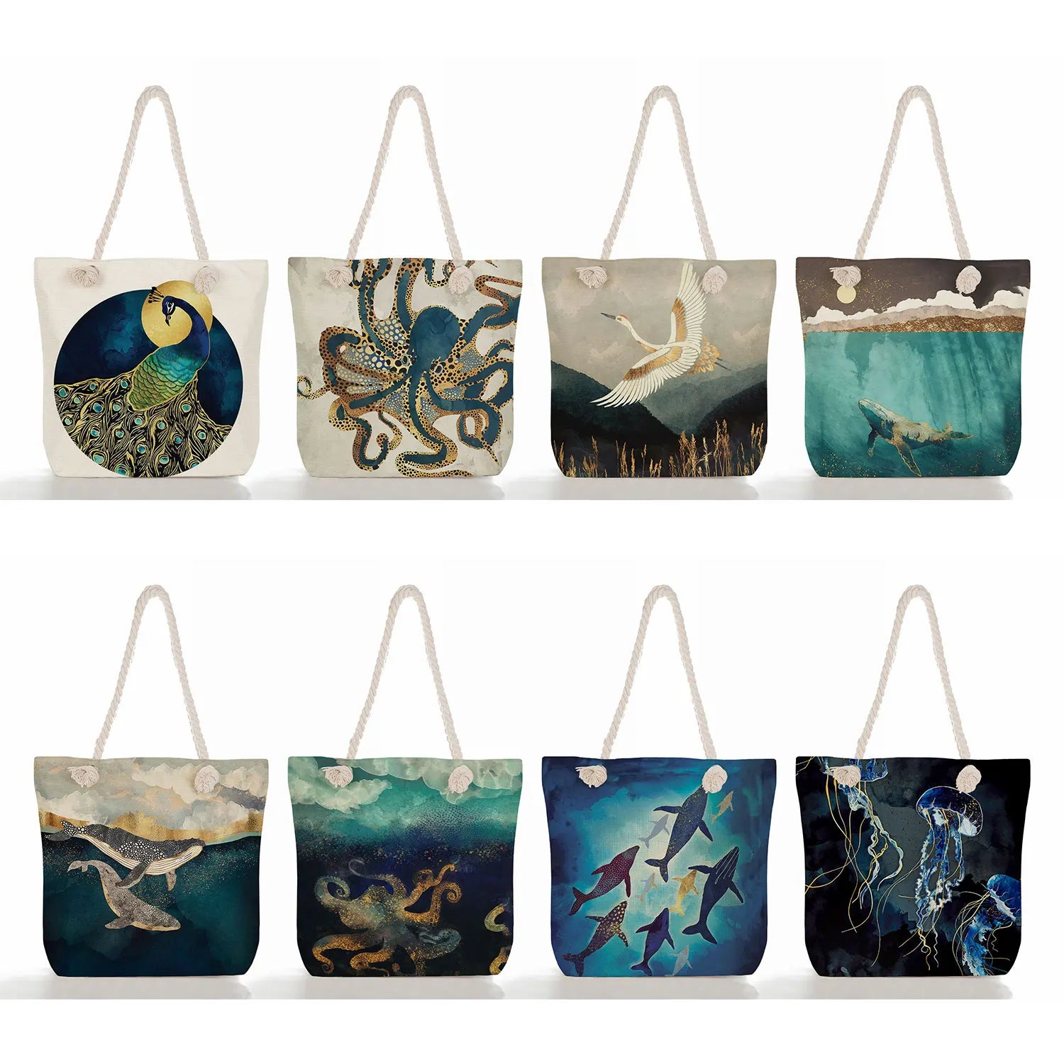 Reusable Crane Beach Tote Bag Japanese Ukiyoe Linen Handbag