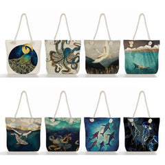 Reusable Crane Beach Tote Bag Japanese Ukiyoe Linen Handbag