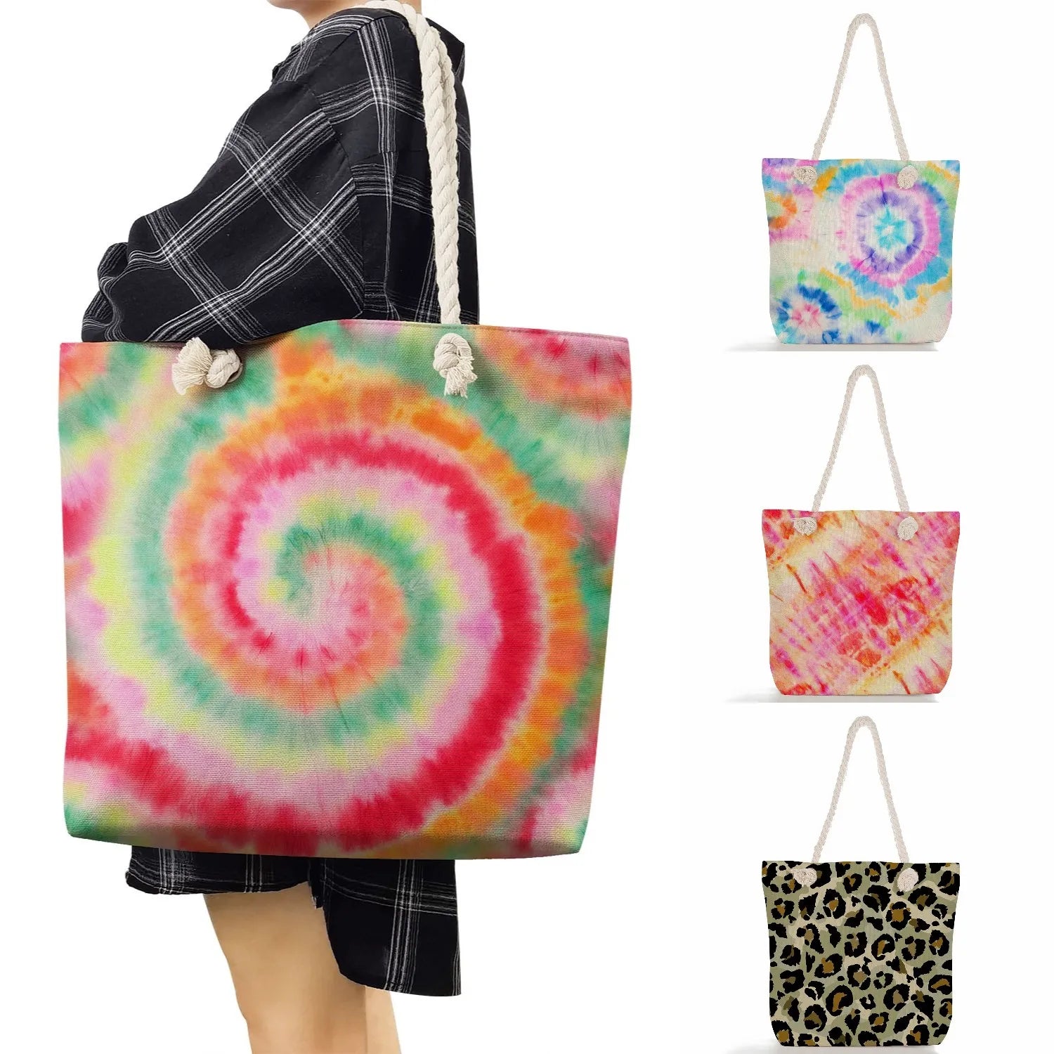 Leopard Tie Dye Print Shoulder Grocery Bags Eco-Friendly Handbags