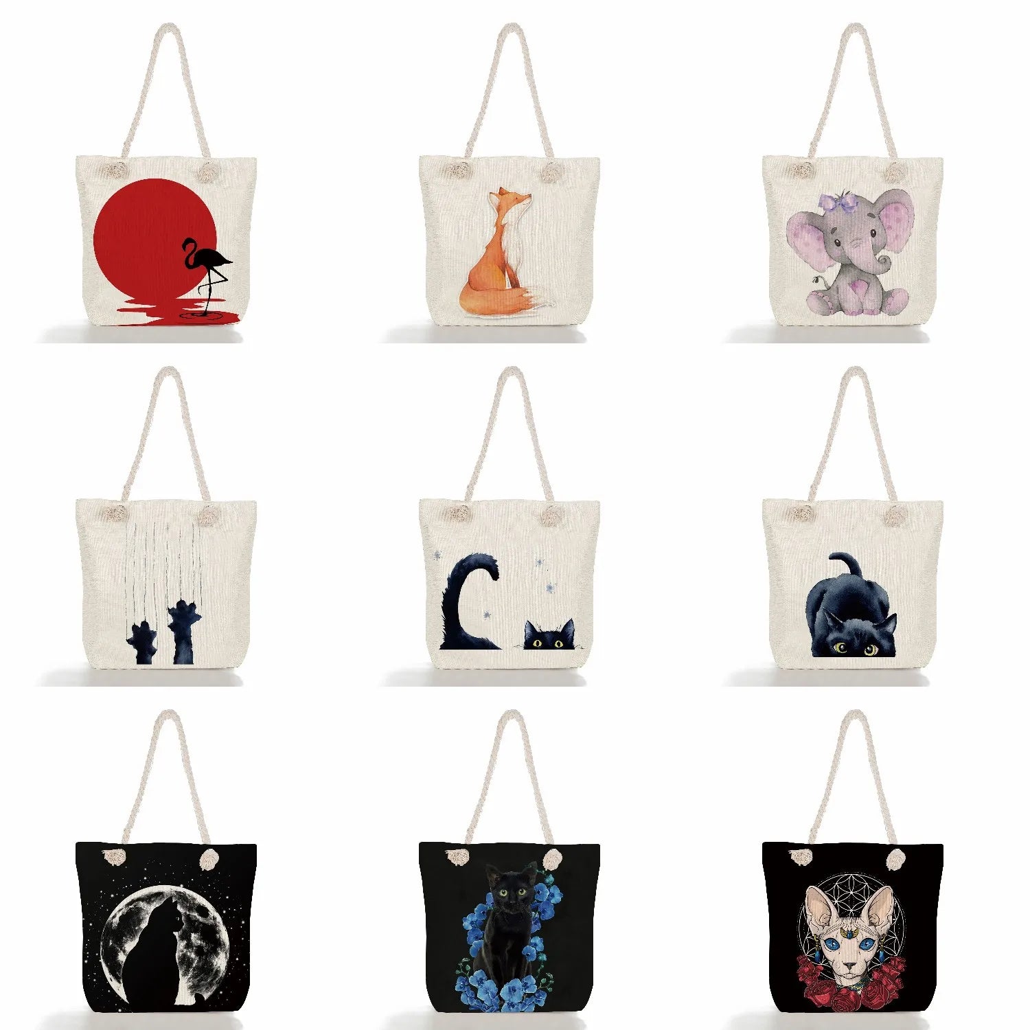 Cat Print Linen Tote Bag Women's Eco-Friendly Shoulder Handbag