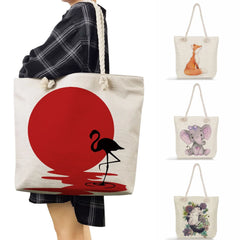 Cat Print Linen Tote Bag Women's Eco-Friendly Shoulder Handbag