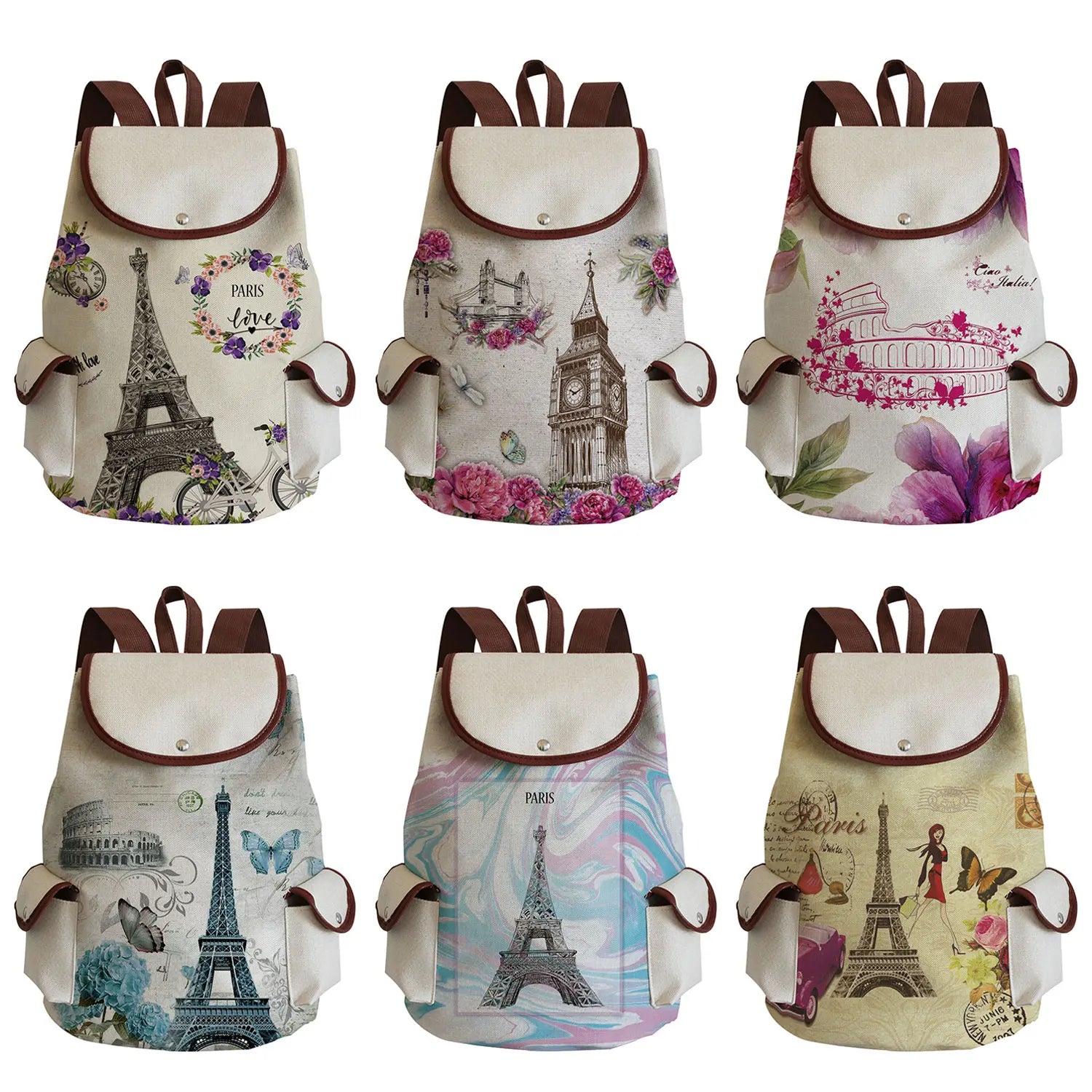 Eiffel Tower Print Backpacks For Women Customizable Bag