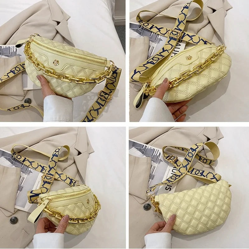 Diamond Lattice PU Chain Waist Bag For Women Stylish Applique Waist Pack