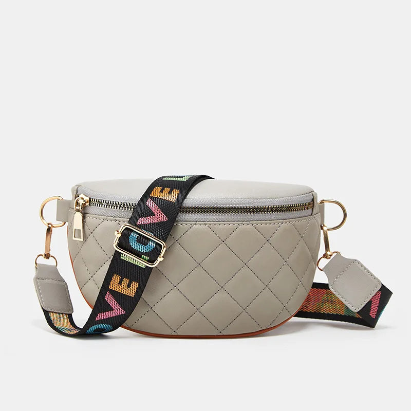 Diamond Lattice PU Leather Waist Bag for Women with Colourful Letter Strap