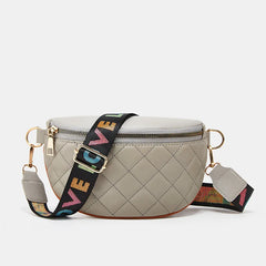 Diamond Lattice PU Leather Waist Bag for Women with Colourful Letter Strap