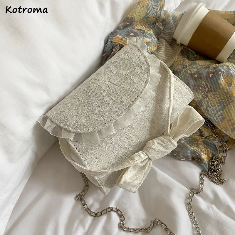 Women Shoulder Bags Lace Bow Chains Sweet Handbags Retro Flaps Crossbody Bag