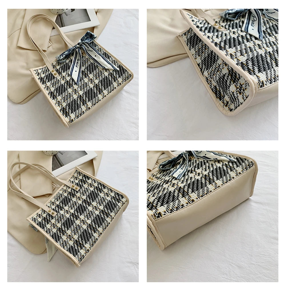 Women's Bowknot Shoulder Bag Plaid Pattern Travel Tote Handbag