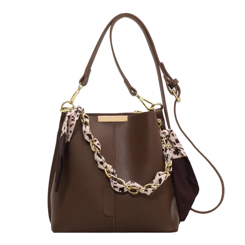 Female Ribbons Chain Tote Bucket Bag High-quality Pu Leather Women Handbag