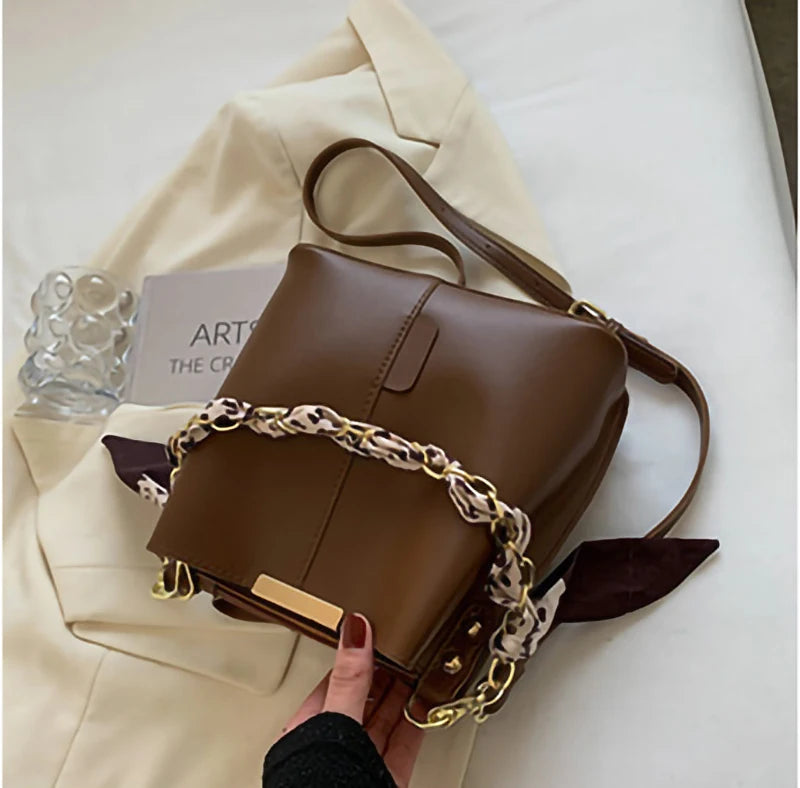 Female Ribbons Chain Tote Bucket Bag High-quality Pu Leather Women Handbag