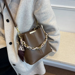 Female Ribbons Chain Tote Bucket Bag High-quality Pu Leather Women Handbag