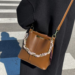 Female Ribbons Chain Tote Bucket Bag High-quality Pu Leather Women Handbag