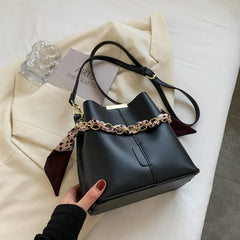 Female Ribbons Chain Tote Bucket Bag High-quality Pu Leather Women Handbag