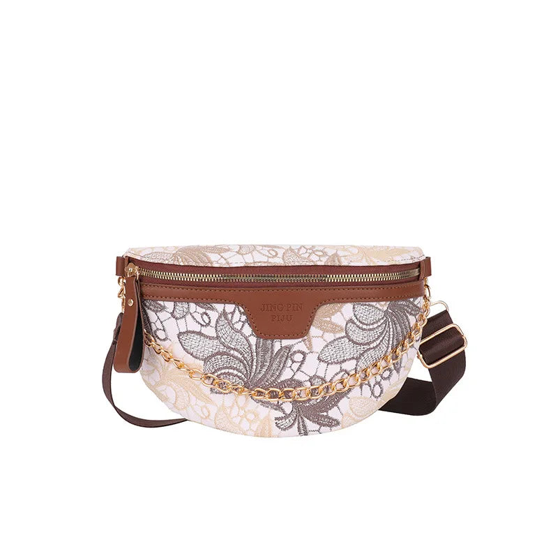 Floral Printed PU Leather Chain Waist Bags For Women Stylish Waist Pack