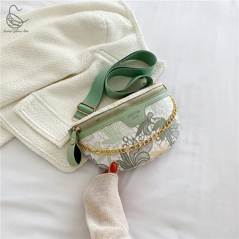 Floral Printed PU Leather Chain Waist Bags For Women Stylish Waist Pack