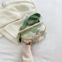 Floral Printed PU Leather Chain Waist Bags For Women Stylish Waist Pack