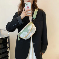 Floral Printed PU Leather Chain Waist Bags For Women Stylish Waist Pack