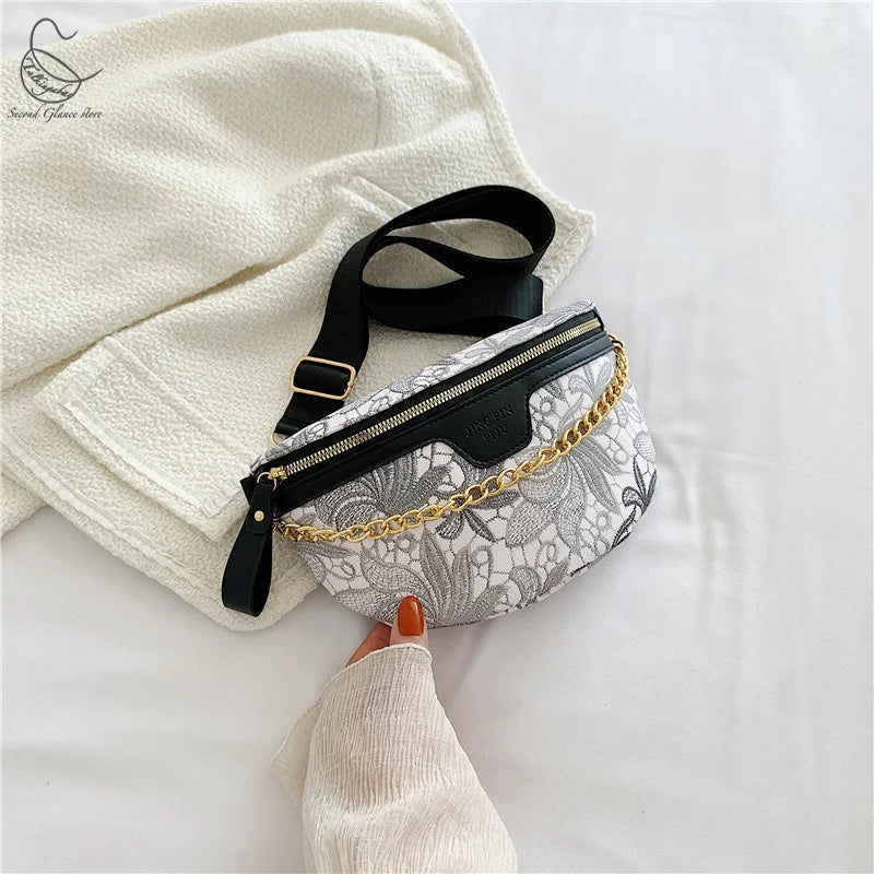 Floral Printed PU Leather Chain Waist Bags For Women Stylish Waist Pack