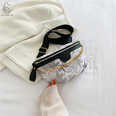 Floral Printed PU Leather Chain Waist Bags For Women Stylish Waist Pack