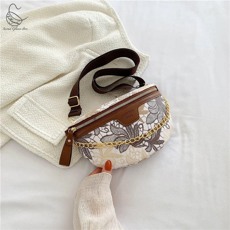 Floral Printed PU Leather Chain Waist Bags For Women Stylish Waist Pack