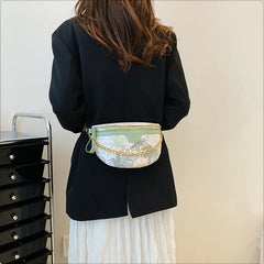 Floral Printed PU Leather Chain Waist Bags For Women Stylish Waist Pack