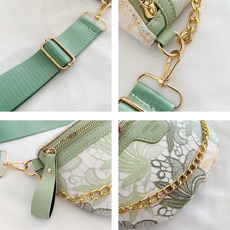 Floral Printed PU Leather Chain Waist Bags For Women Stylish Waist Pack