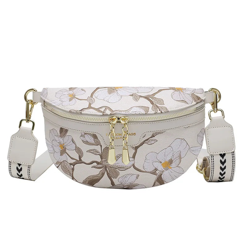 Flower Printed PU Leather Waist Bags For Women Chain Zipper Waist Pack Female