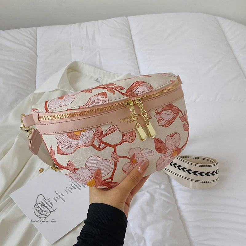Flower Printed PU Leather Waist Bags For Women Chain Zipper Waist Pack Female