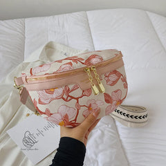 Flower Printed PU Leather Waist Bags For Women Chain Zipper Waist Pack Female