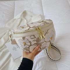 Flower Printed PU Leather Waist Bags For Women Chain Zipper Waist Pack Female