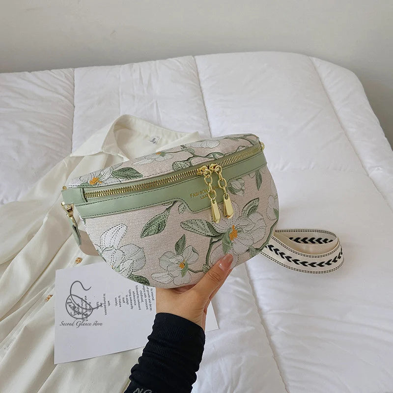 Flower Printed PU Leather Waist Bags For Women Chain Zipper Waist Pack Female
