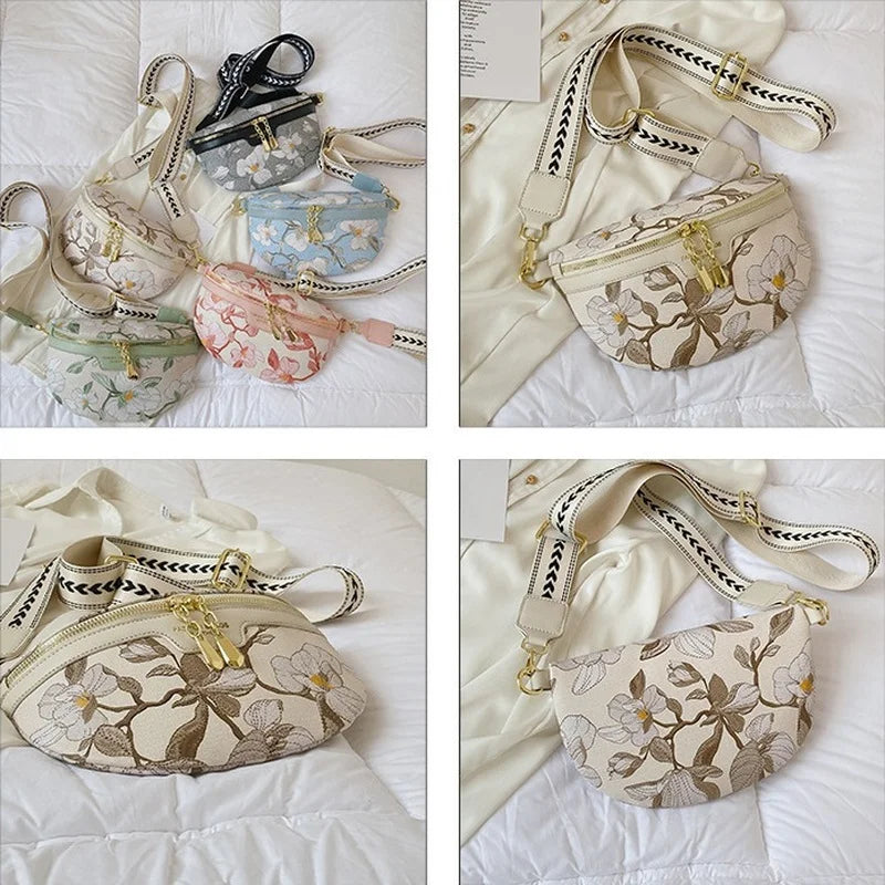 Flower Printed PU Leather Waist Bags For Women Chain Zipper Waist Pack Female