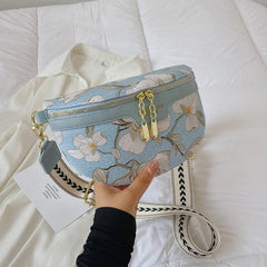Flower Printed PU Leather Waist Bags For Women Chain Zipper Waist Pack Female