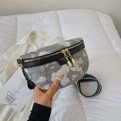 Flower Printed PU Leather Waist Bags For Women Chain Zipper Waist Pack Female