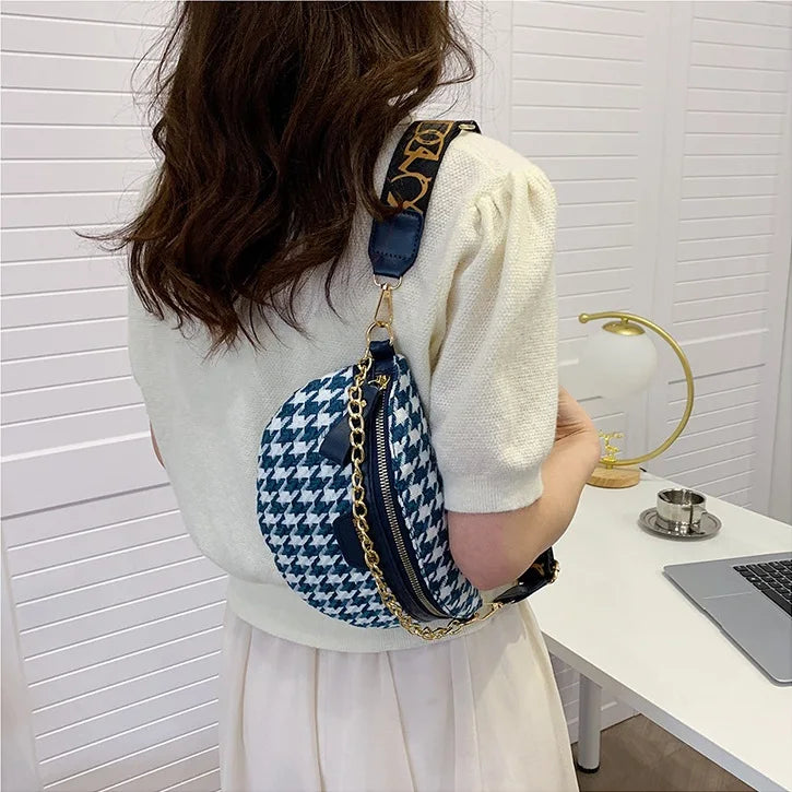 Houndstooth Plaid Chain Waist Bags Stylish Canvas Fanny Pack