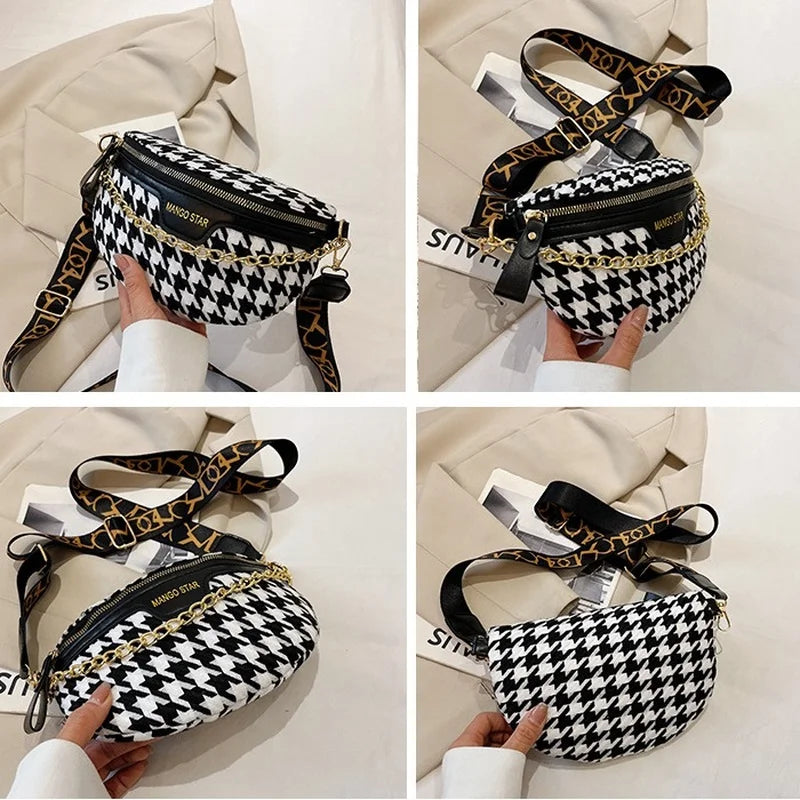 Houndstooth Plaid Chain Waist Bags for Women Stylish Fanny Pack