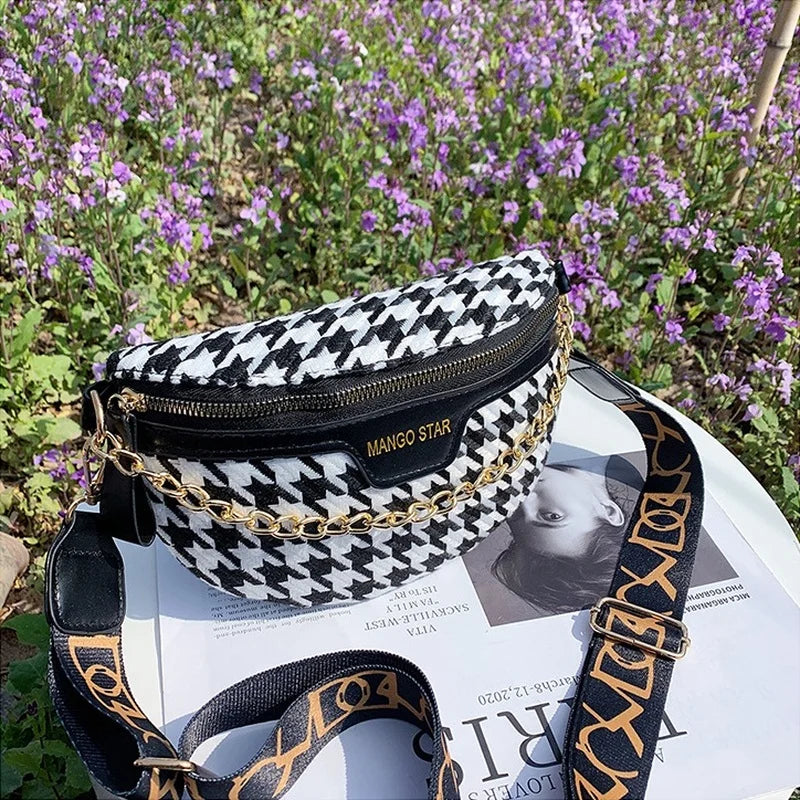 Houndstooth Plaid Chain Waist Bags for Women Stylish Fanny Pack