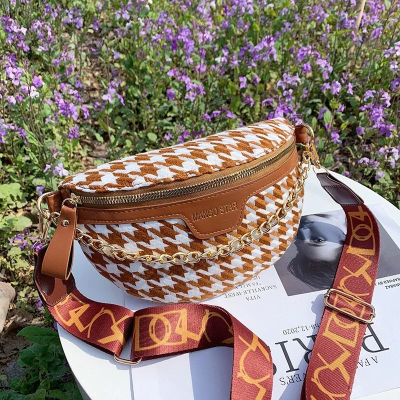 Houndstooth Plaid Chain Waist Bags for Women Stylish Fanny Pack