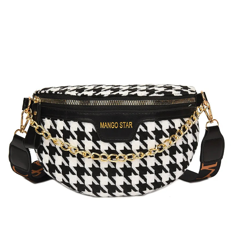 Houndstooth Plaid Chain Waist Bags for Women Stylish Fanny Pack