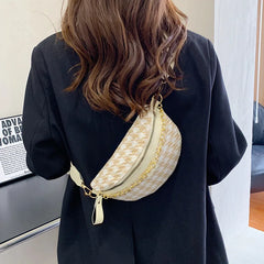 Houndstooth Plaid Chain Waist Bag Canvas Fanny Pack Stylish Crossbody Chest Bag