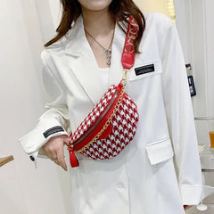 Houndstooth Plaid Chain Waist Bag Canvas Fanny Pack Stylish Crossbody Chest Bag