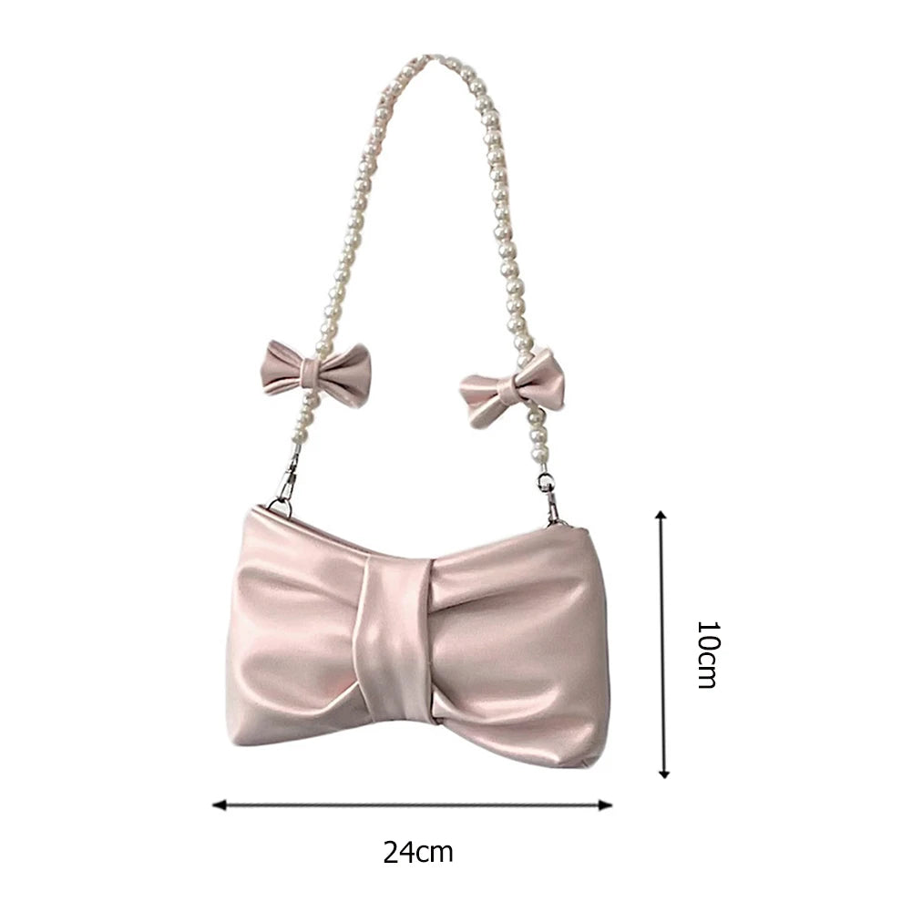 Pleated Leather Totes Bag with Pearl Bow - Women's Handbag