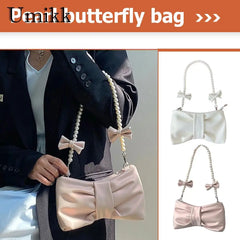 Pleated Leather Totes Bag with Pearl Bow - Women's Handbag