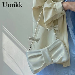 Pleated Leather Totes Bag with Pearl Bow - Women's Handbag