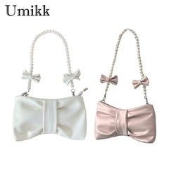 Pleated Leather Totes Bag with Pearl Bow - Women's Handbag
