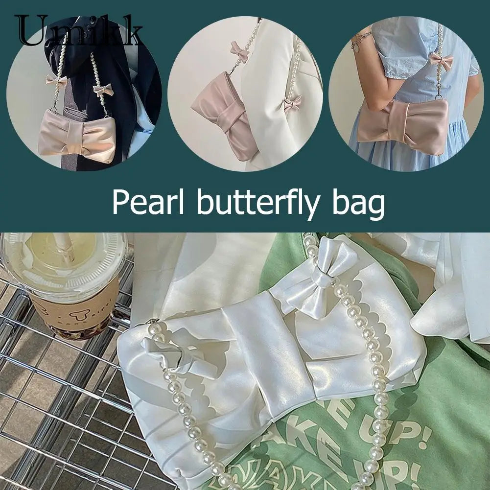 Pleated Leather Totes Bag with Pearl Bow - Women's Handbag