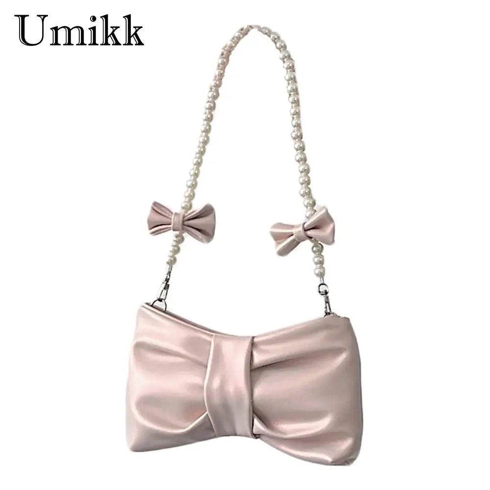 Pleated Leather Totes Bag with Pearl Bow - Women's Handbag