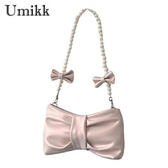 Pleated Leather Totes Bag with Pearl Bow - Women's Handbag